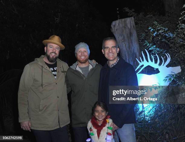 Chris Sullivan, Justin Turner, Eric Garcetti and Maya Garcetti attend the LA Zoo's "Turning On The Holiday Lights" Ceremony held at Los Angeles Zoo...