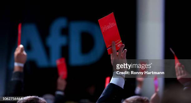 Delegates hold up their voting cards during the congress of the right-wing Alternative for Germany political party ahead of elections to the European...