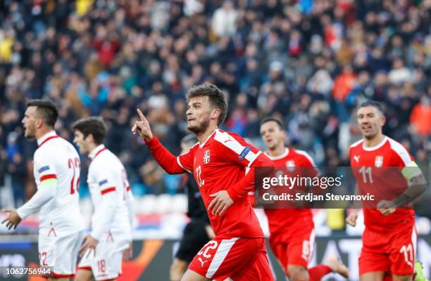 Adem Ljajic of Serbia celebrates after scoring a goal during the UEFA Nations League C group four match between Serbia and Montenegro at stadium...