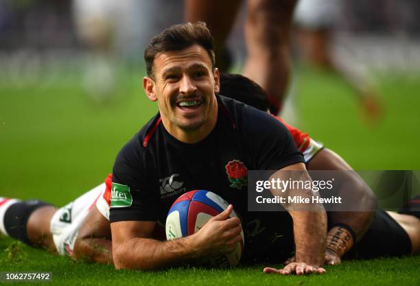 Danny Care of England touches down for the first try during the Quilter International match between England and Japan at Twickenham Stadium on...