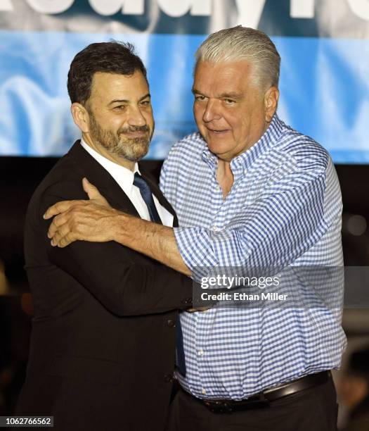 Television host Jimmy Kimmel greets Clark County Commission Chairman and Democratic gubernatorial candidate Steve Sisolak at a get-out-the-vote rally...