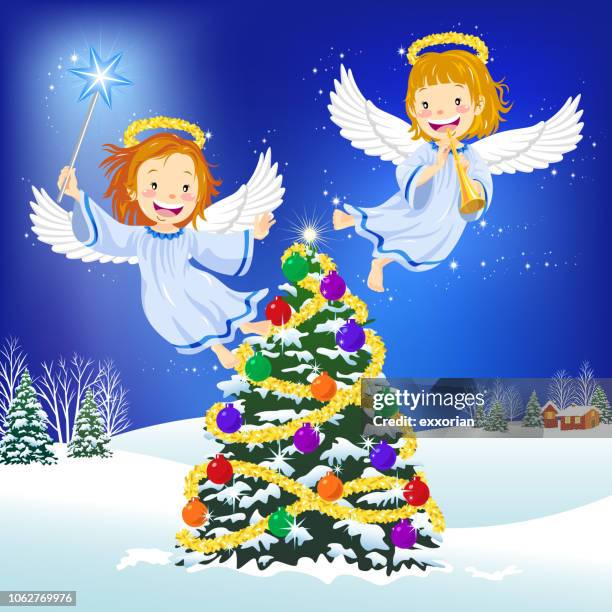 angel & christmas tree - outdoor string lights stock illustrations