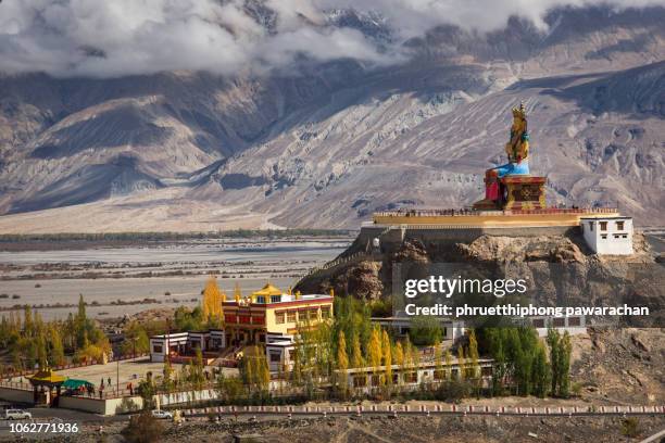 telephoto of maitreya buddha statue. - nubra valley stock-fotos und bilder