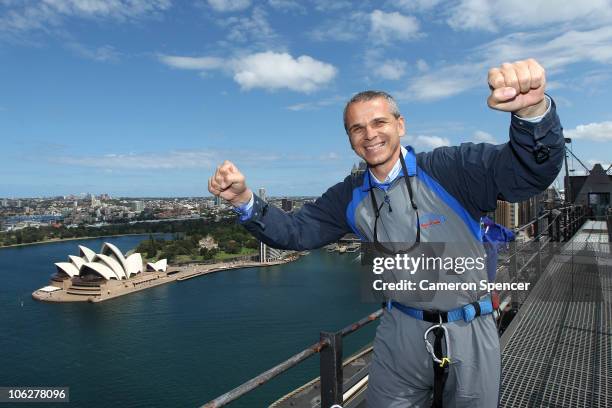 Sydney FC A-League coach Vitezslav Lavicka poses on the top of the Sydney Harbour Bridge during his first 'Bridge Climb' on October 28, 2010 in...