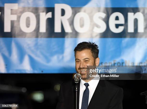 Television host Jimmy Kimmel speaks at a get-out-the-vote rally at First Friday in the Downtown Las Vegas Arts District on the final day of in-person...
