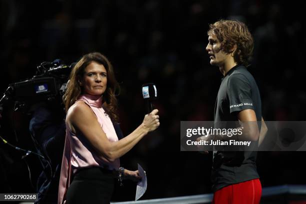 Alexander Zverev of Germany is interviewed by Annabel Croft after he won his semi finals singles match against Roger Federer of Switzerland during...