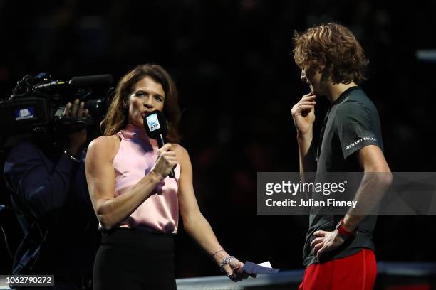 Alexander Zverev of Germany is interviewed by Annabel Croft after he won his semi finals singles match against Roger Federer of Switzerland during...