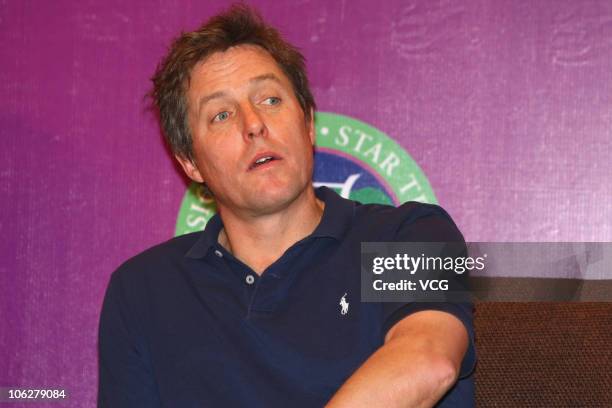 Hollywood actor Hugh Grant attends a press conference before the Mission Hills Star Trophy at the Mission Hills Golf Club on October 28, 2010 in...