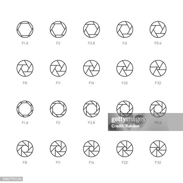 größe der blende symbole - thin line serie - großbildkamera stock-grafiken, -clipart, -cartoons und -symbole