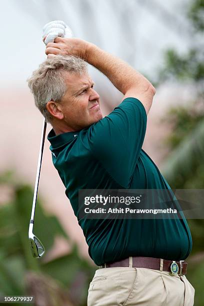 Golfer Colin Montgomerie of Scotland in action during a Mission Hills Star Trophy at Blackstone Course, Mission Hill Hainan on October 28, 2010 in...