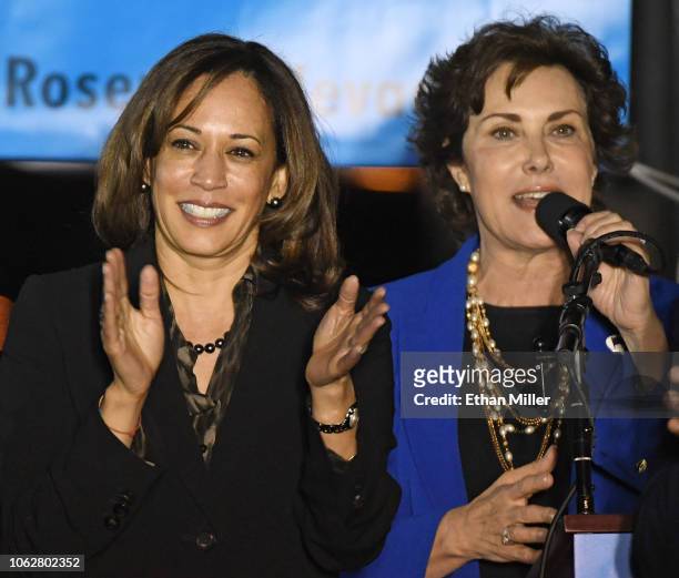 Sen. Kamala Harris and U.S. Senate candidate Jacky Rosen react after a get-out-the-vote rally at First Friday in the Downtown Las Vegas Arts District...