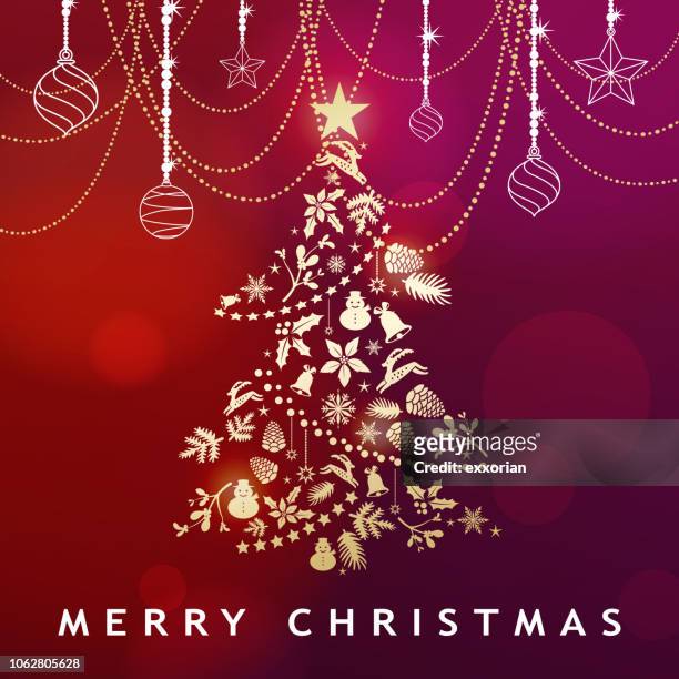 golden christmas tree & ornamente - weihnachtsstern stock-grafiken, -clipart, -cartoons und -symbole