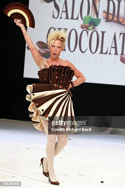 Actress Rebecca Hampton, dressed by Victoire Finaz and Olivia Louvet for Abanico Chocolat, walks the runway at the Salon Du Chocolat 2010 Opening...