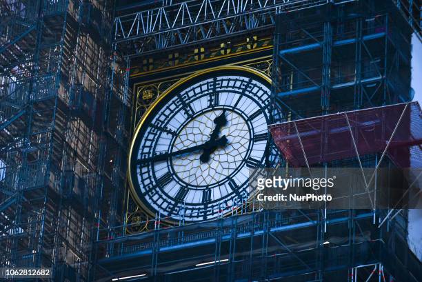The clock the Elizabeth Tower, commonly known as Big Ben, emerges from the scaffolding as the refurbishment works continue, on November 17, 2018 in...