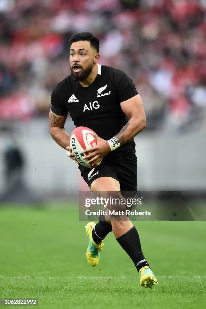 Matt Proctor of the All Blacks runs with the ball during the test match between Japan and New Zealand All Blacks at Tokyo Stadium on November 03,...