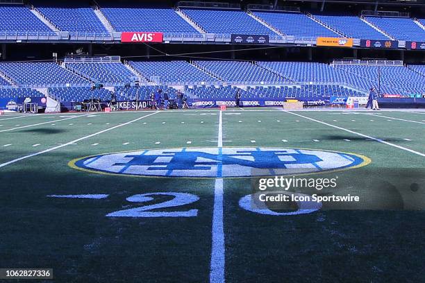General View of the Notre Dame Pinstripe Logo on the field inside of Yankee Stadium prior to the College Football game between the Notre Dame...