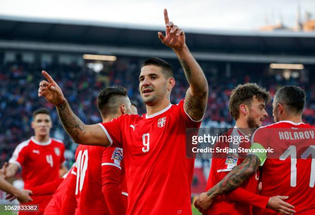 Aleksandar Mitrovic of Serbia celebrates after scoring a goal during the UEFA Nations League C group four match between Serbia and Montenegro at...