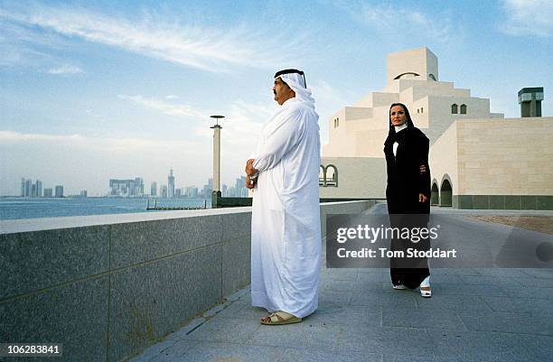 Rare portrait of His Highness the Emir Sheikh Hamad bin Khalifa Al-Thani together with his wife Sheikha Mozah bint Nasser al-Missned outside the new...