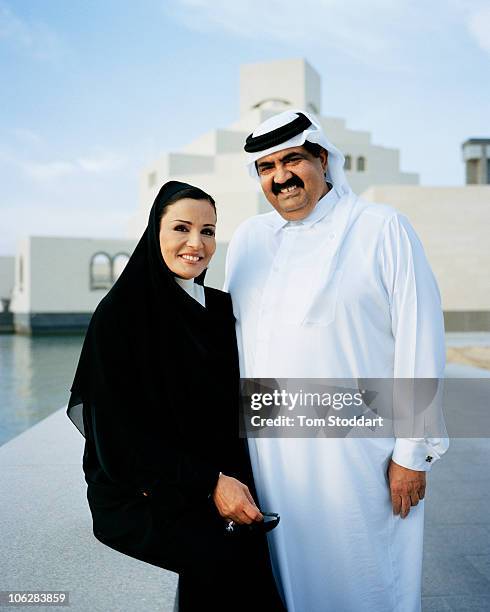 Rare portrait of His Highness the Emir Sheikh Hamad bin Khalifa Al-Thani together with his wife Sheikha Mozah bint Nasser al-Missned outside the new...