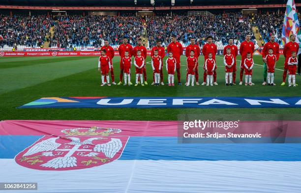 Serbia line up prior to the UEFA Nations League C group four match between Serbia and Montenegro at stadium Rajko Mitic on November 17, 2018 in...