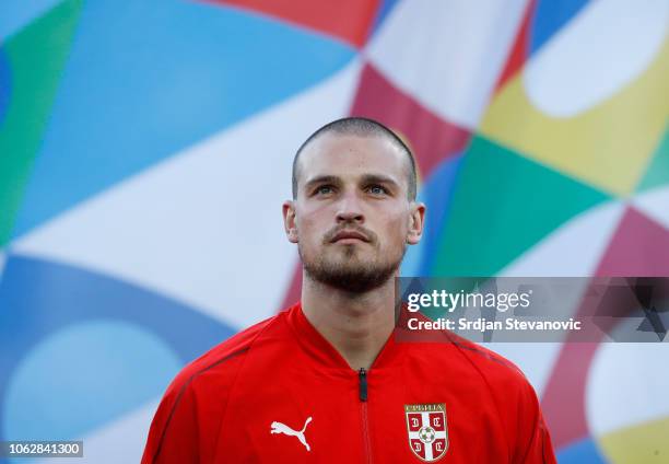 Goalkeeper Predrag Rajkovic of Serbia looks on prior to the UEFA Nations League C group four match between Serbia and Montenegro at stadium Rajko...