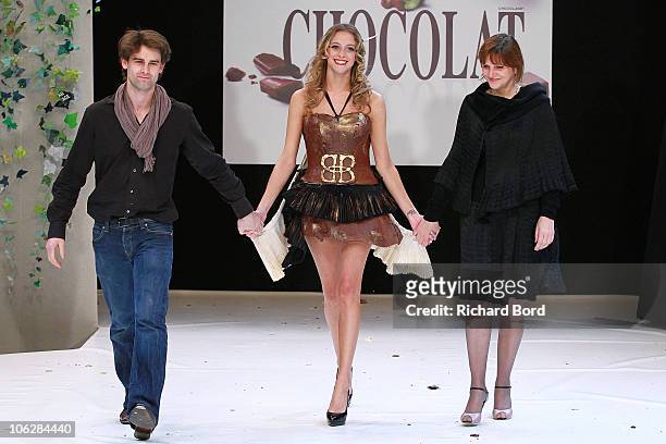 Actress Nubia Esteban and designer Carole Dichampt attend the Chocolate dress fashion show celebrating Salon du Chocolat 2010 Opening Night at the...