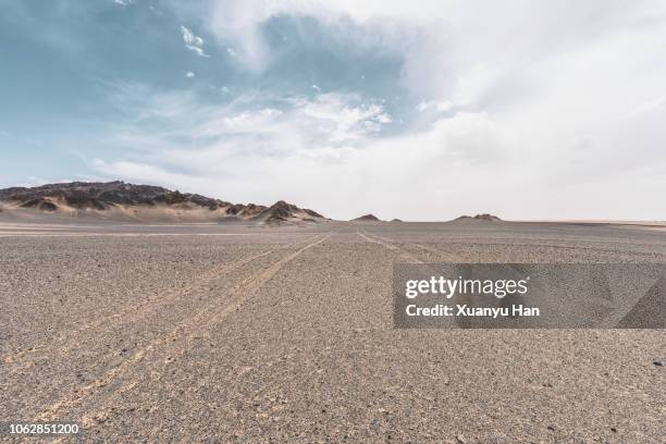 tyre tracks through the desert - horizon over land road stock pictures, royalty-free photos & images