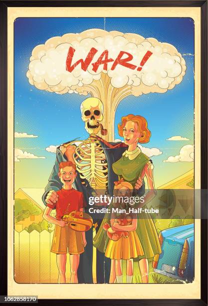 nuclear war poster - atomic bomb explosion stock illustrations
