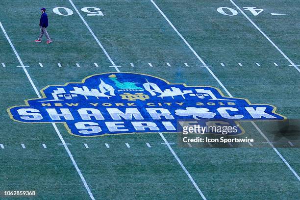 General View of the Shamrock Series Logo on the field inside of Yankee Stadium prior to the College Football game between the Notre Dame Fighting...