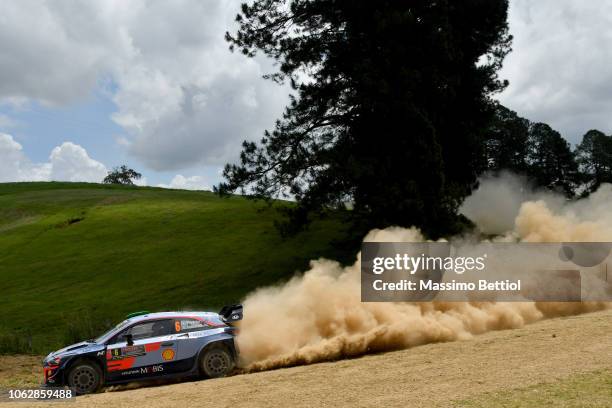 Hayden Paddon of New Zealand and Sebastian Marshall of Great Britain compete in their Hyundai Shell Mobis WRT Hyundai i20 Coupe WRC during Day Two of...