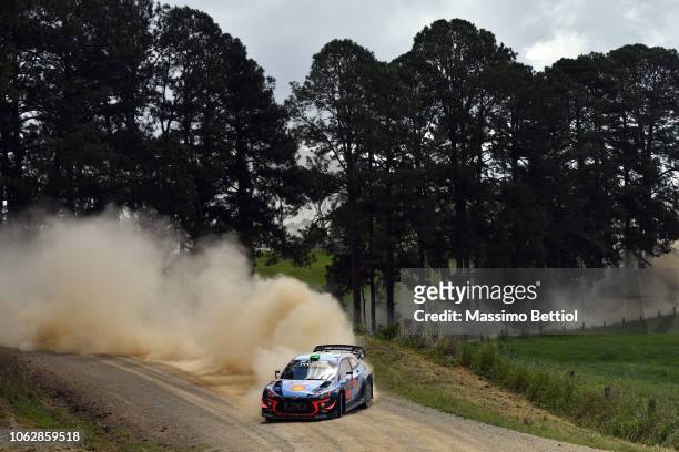 Hayden Paddon of New Zealand and Sebastian Marshall of Great Britain compete in their Hyundai Shell Mobis WRT Hyundai i20 Coupe WRC during Day Two of...