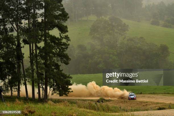 Hayden Paddon of New Zealand and Sebastian Marshall of Great Britain compete in their Hyundai Shell Mobis WRT Hyundai i20 Coupe WRC during Day Two of...