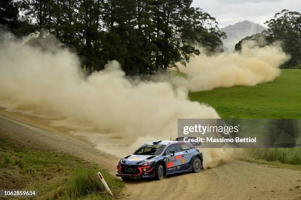 Thierry Neuville of Belgium and Nicolas Gilsoul of Belgium compete in their Hyundai Shell Mobis WRT Hyundai i20 Coupe WRC during Day Two of the WRC...