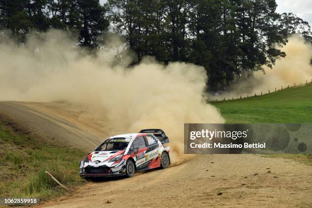 Ott Tanak of Estonia and Martin Jarveoja of Estonia compete in their Toyota Gazoo Racing WRT Toyota Yaris WRC during Day Two of the WRC Australia on...