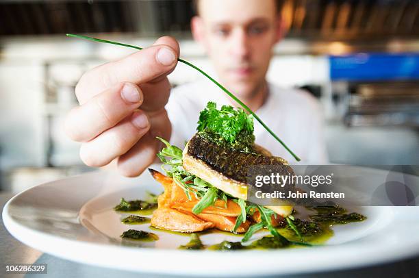 chefs doing kitchen preparation and service  - 料理の付け合わせ ストックフォトと画像