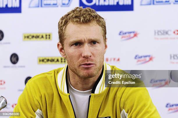 Dmitry Tursunov of Russia attends a press conference during day five of the International Tennis Tournament St. Petersburg Open 2010 at the...