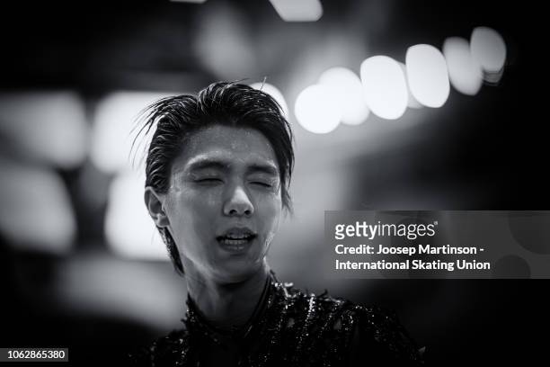 Yuzuru Hanyu of Japan reacts after the Men's Free Skating during day 2 of the ISU Grand Prix of Figure Skating, Rostelecom Cup 2018 at Arena...