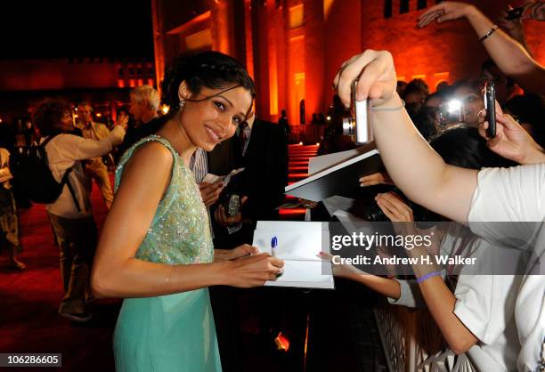 Actress Freida Pinto arrives at the "Miral" premiere during the 2010 Doha Tribeca Film Festival held at the Katara Opera House on October 28, 2010 in...