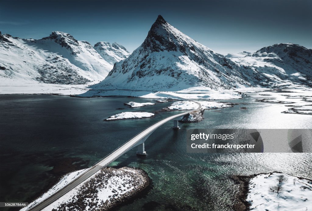 Winter view of the bridge at the lofoten islands