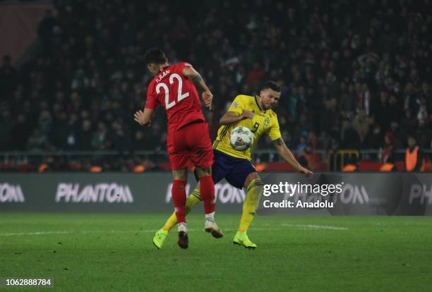 Marcus Berg of Sweden in action against Kaan Ayhan of Turkey during the UEFA Nations League Group 2 of League B soccer match between Turkey and...