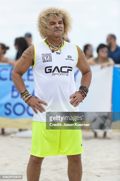 Carlos "El Pibe" Valderrama plays during the 2018 World Futbol Gala - Celebrity Beach Soccer Match presented by GACP Sports and Sports Illustrated...