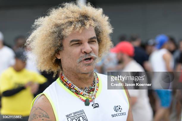 Carlos "El Pibe" Valderrama plays during the 2018 World Futbol Gala - Celebrity Beach Soccer Match presented by GACP Sports and Sports Illustrated...