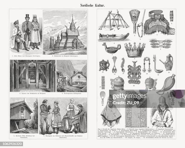 nordic culture, 19th century, wood engravings, published in 1897 - craft product stock illustrations