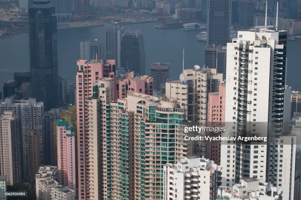 Hong Kong futuristic architecture with majestic view of skyscrapers
