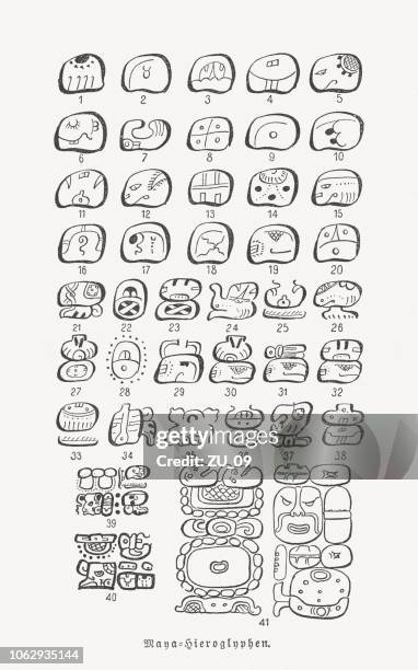 maya script (maya glyphs), wood engravings, published in 1897 - hieroglyphics alphabet stock illustrations