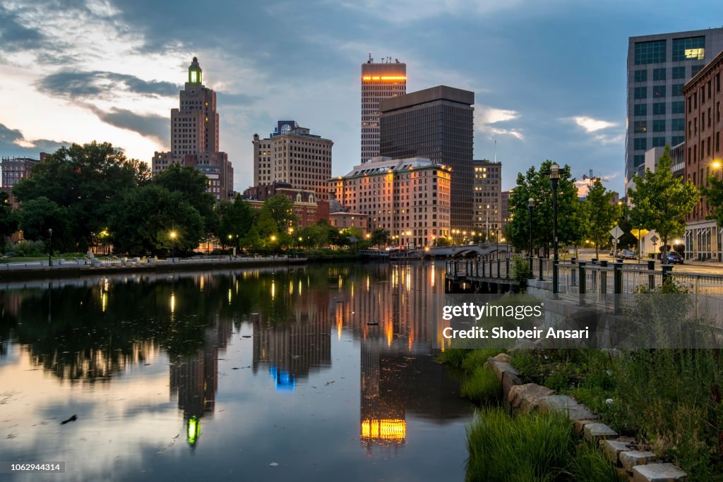 Reflection of Providence Skyline in river at night, Rhode Island