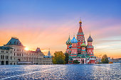 St. Basil’s Cathedral and golden first rays of the sun