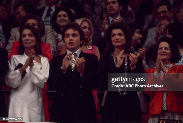 Anthony Radziwill, Former First Lady Jacqueline Kennedy, Lee Radziwill at the 1976 Democratic National Convention, Madison Square Garden in New York...