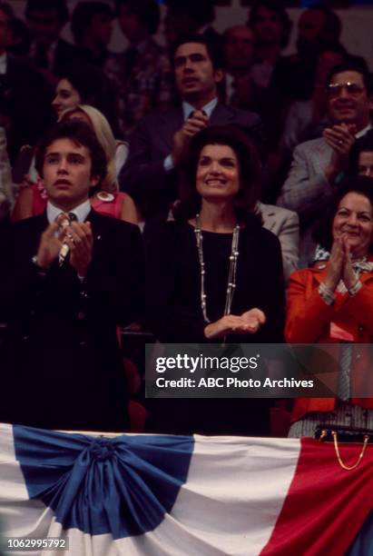 Anthony Radziwill, Former First Lady Jacqueline Kennedy, Lee Radziwill at the 1976 Democratic National Convention, Madison Square Garden in New York...