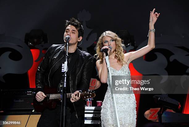 John Mayer and Taylor Swift perform onstage during Z100's Jingle Ball 2009 presented by H&M at Madison Square Garden on December 11, 2009 in New York...